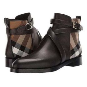 Women Pu Leather Boots Buckle Design Plaid Ankle High Fashion (Color: Auburn, Shoe Size: 45)